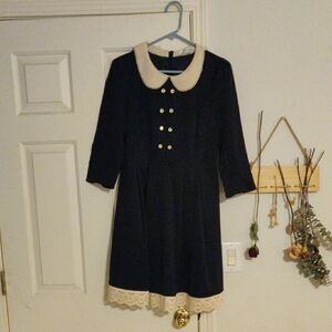 Blue A-line Dress with Peter Pan Collar for Work